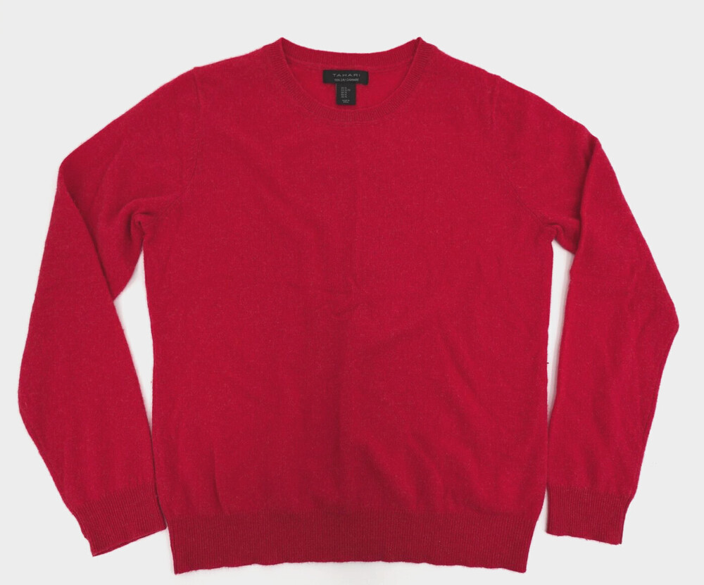 Tahari Pullover Sweater Womens XL Red Crew Neck 100% 2-Ply Cashmere Knit Cozy